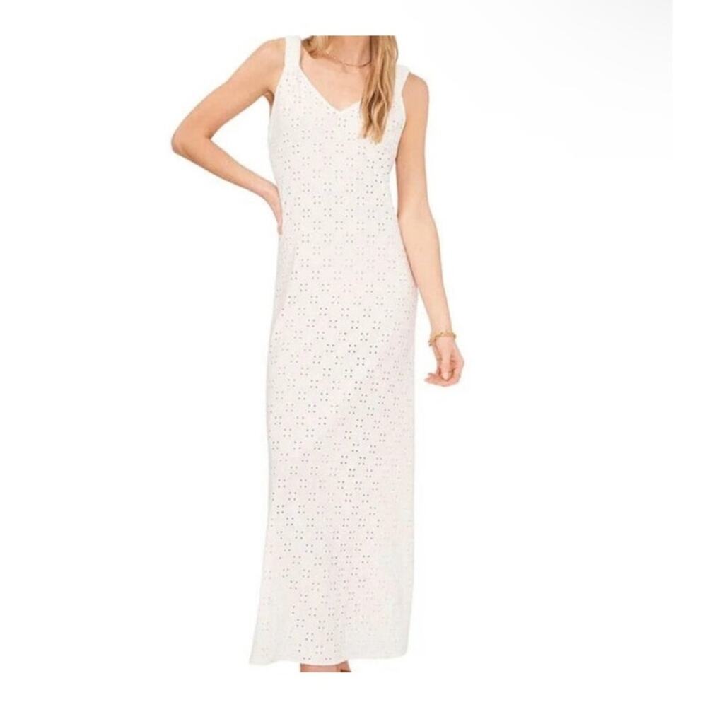 1. State Long V Neck Ivory White Eyelet Swim Cover Up Dress Sz Lg Side Slits NWT